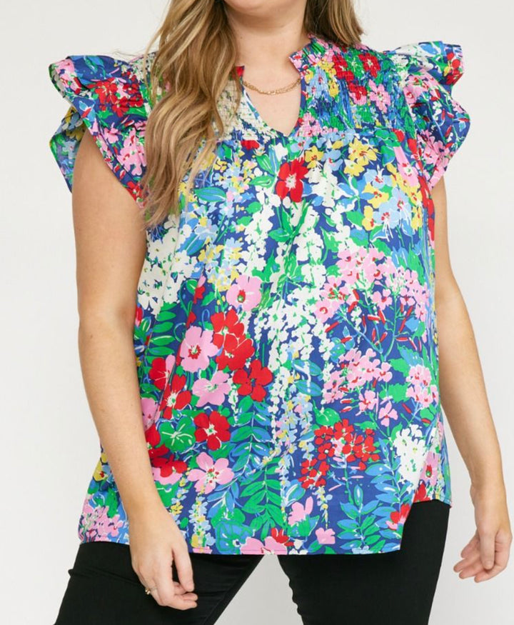 Floral V Neck Ruffle Sleeve Top