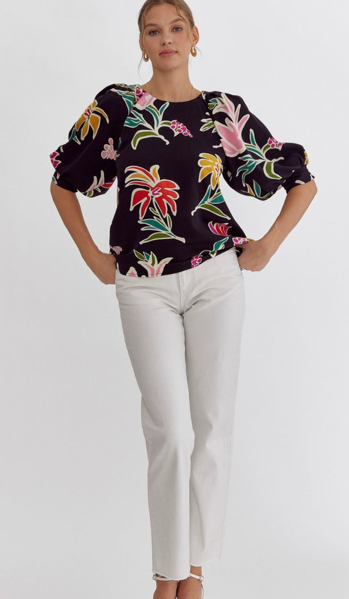 Floral Round Neck Top with 3/4 Sleeve