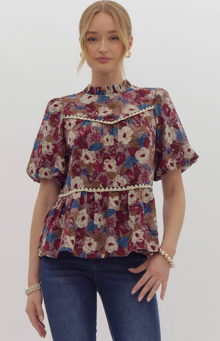 Floral Print High Neck Bubble Sleeve Top