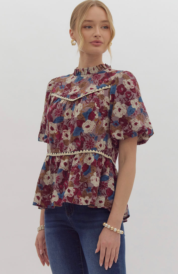 Floral Print High Neck Bubble Sleeve Top