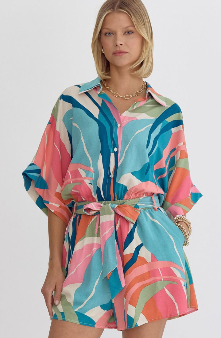 Printed Half Sleeve Button Up Collared Romper