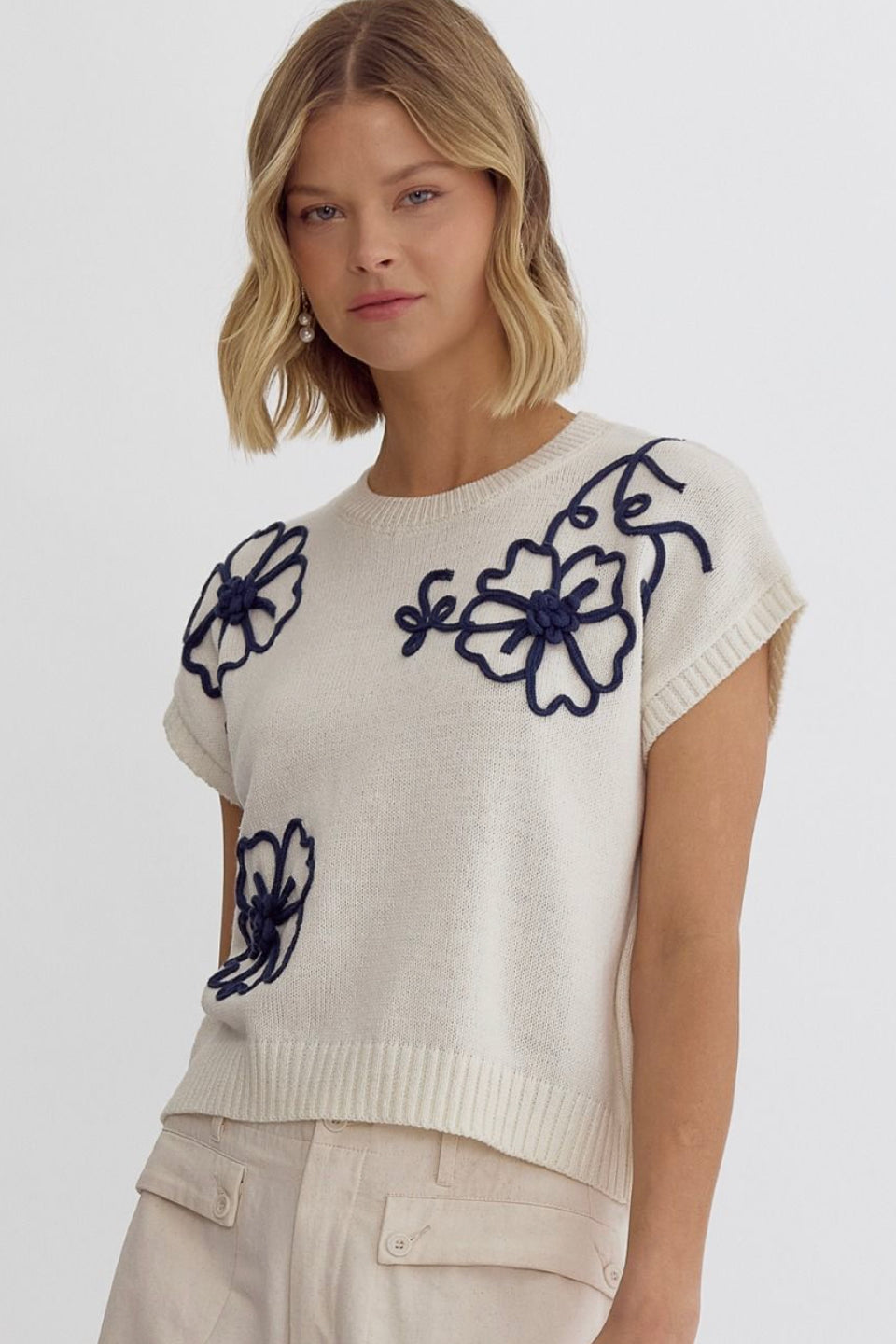 Solid Round Neck Top with Floral Embroidery