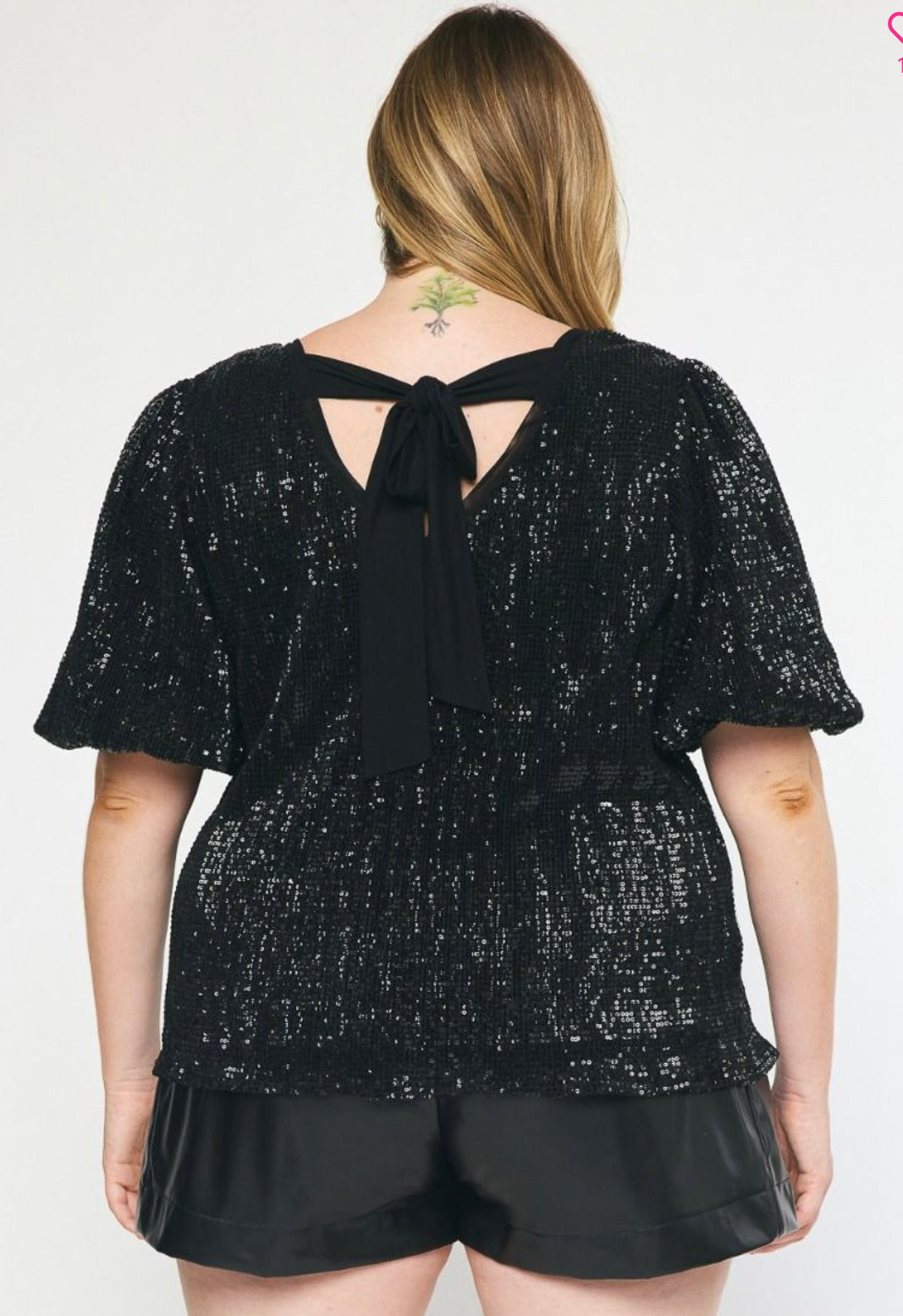 Solid Sequin Puff Short Sleeve Top with Tied Detail at Back