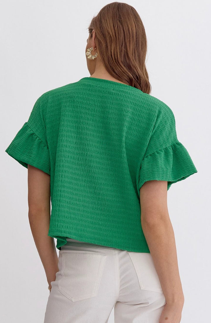 Solid Textured Round Neck Top with Ruffle Sleeve