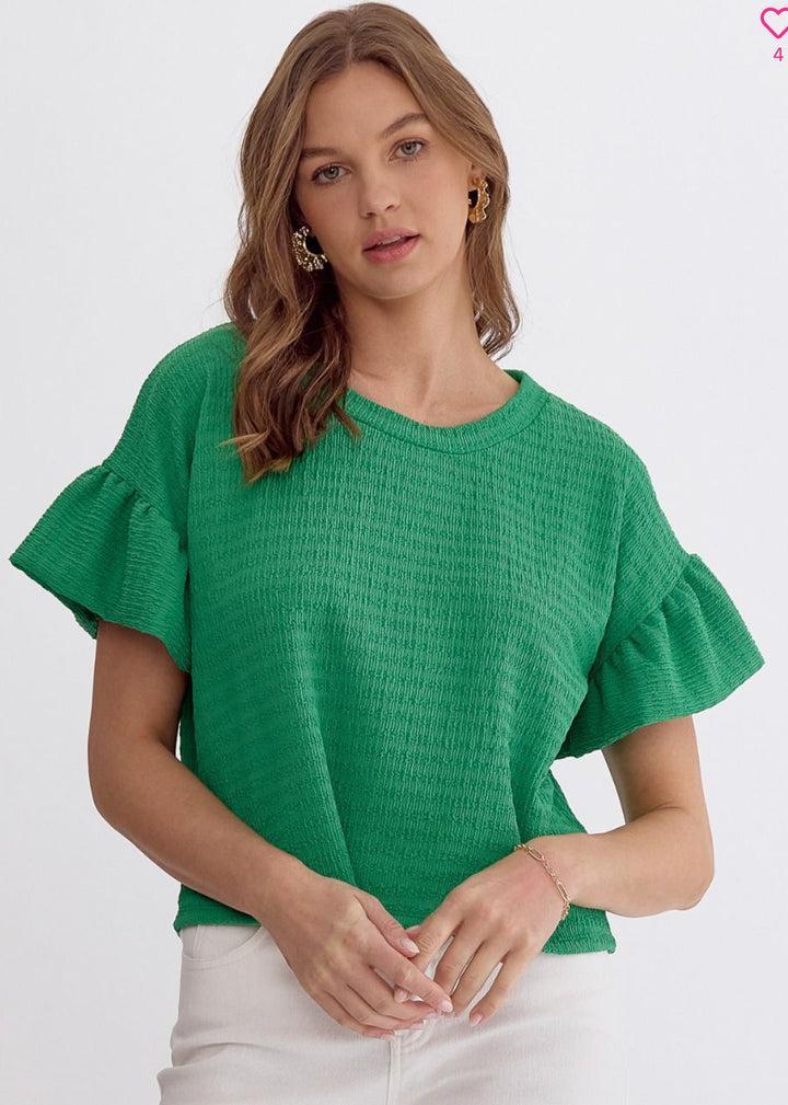 Solid Textured Round Neck Top with Ruffle Sleeve