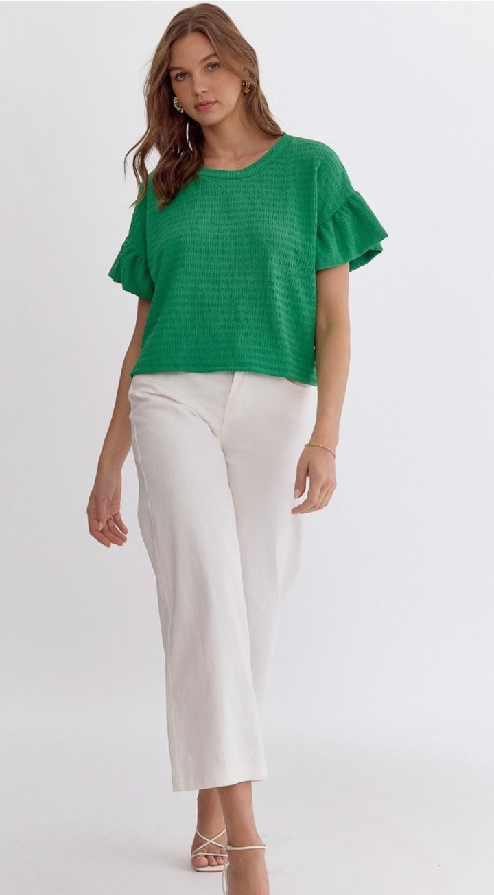 Solid Textured Round Neck Top with Ruffle Sleeve