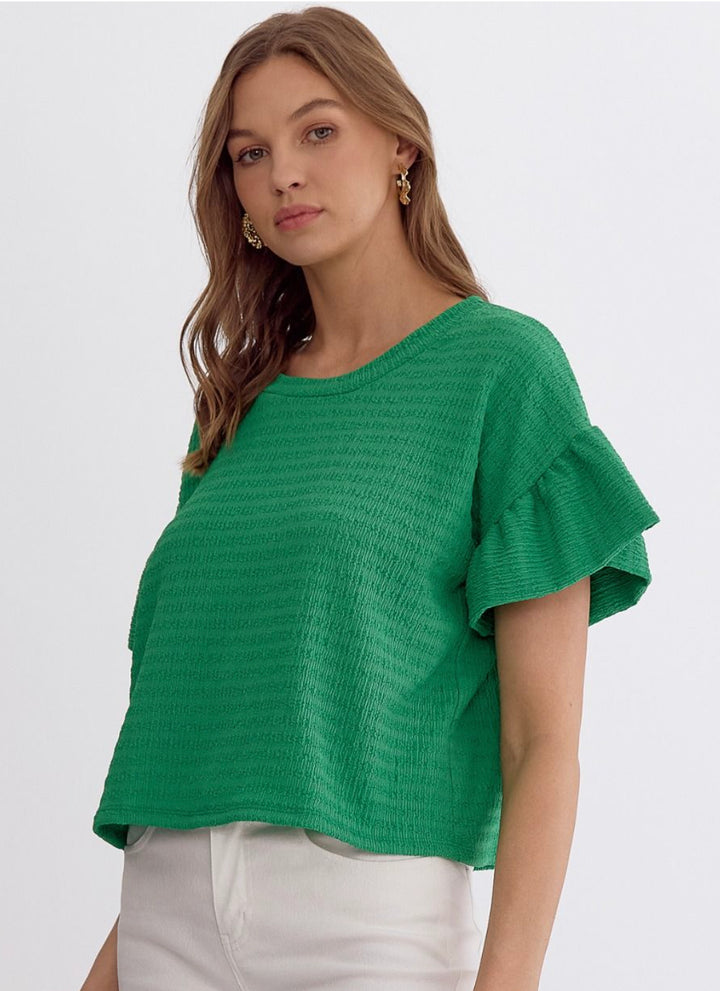 Solid Textured Round Neck Top with Ruffle Sleeve