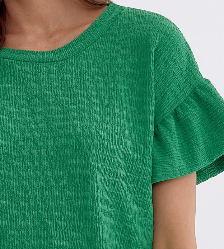 Solid Textured Round Neck Top with Ruffle Sleeve