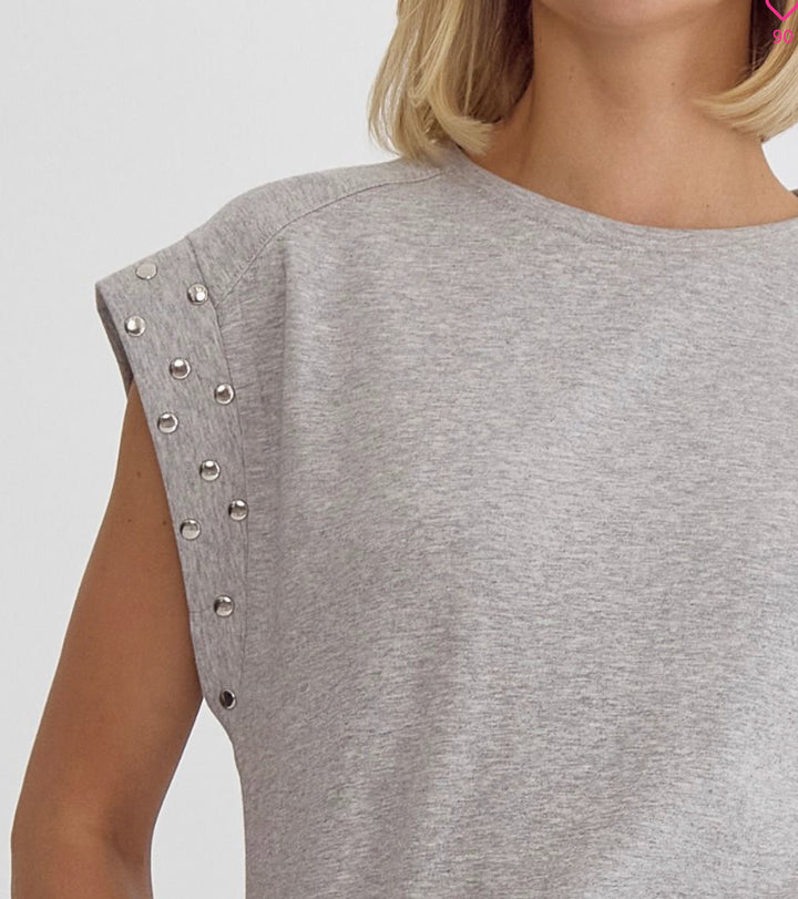 Solid Short Sleeve Top with Stud Detail