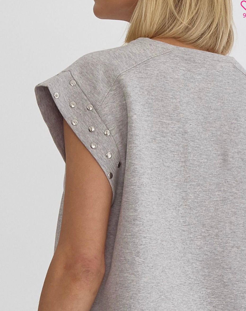 Solid Short Sleeve Top with Stud Detail