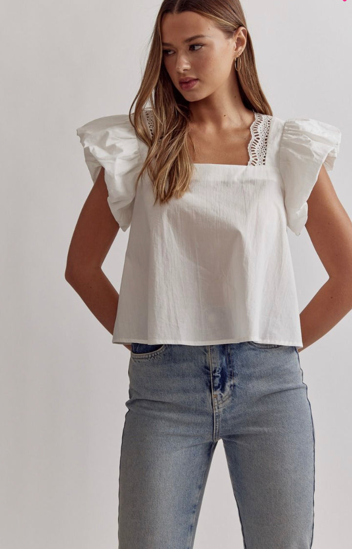 Solid Square Neck Crop Top Featuring Ruffle Detail at Sleeve