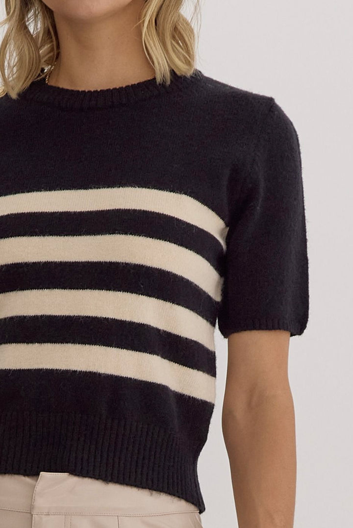 Stripe Print Round Neck Short Sleeve Knit Top