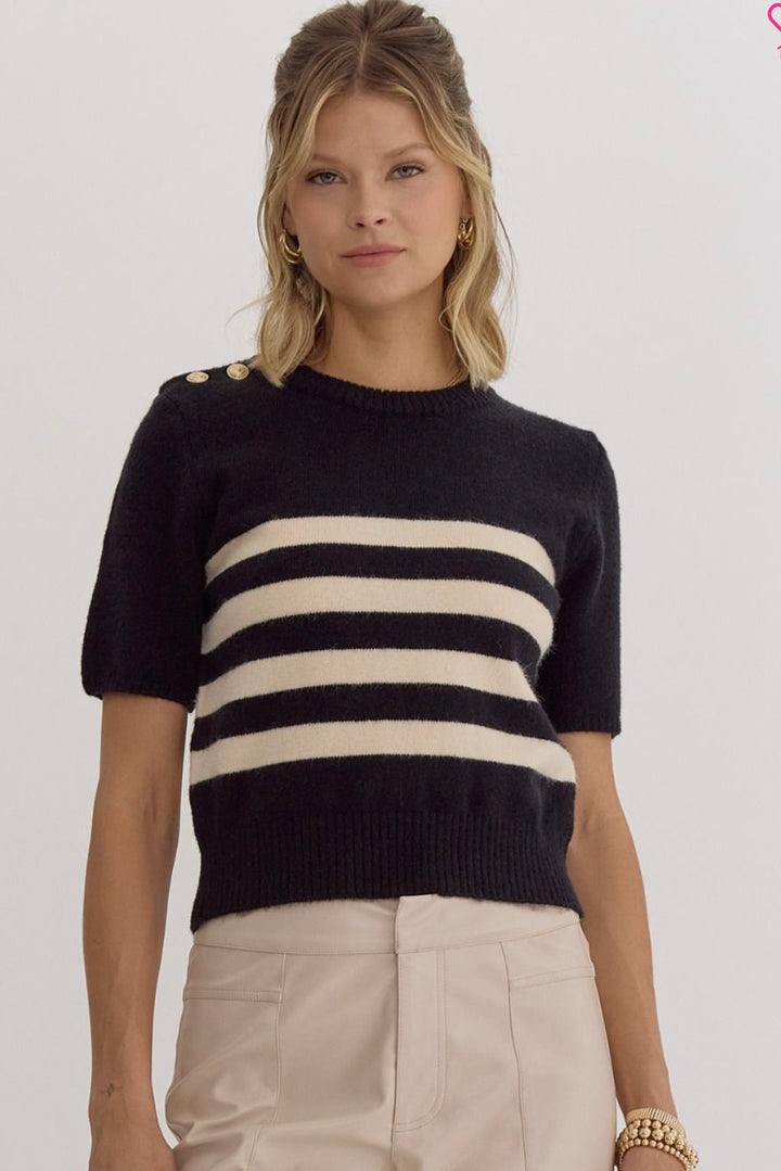 Stripe Print Round Neck Short Sleeve Knit Top