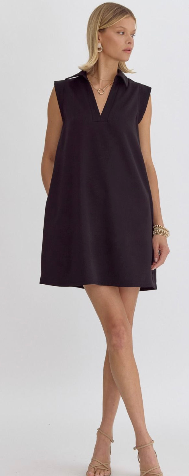 Textured Solid V-Neck Collared Mini Dress