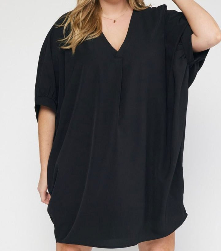 V Neck 1/2 Sleeve Mini Dress- Black