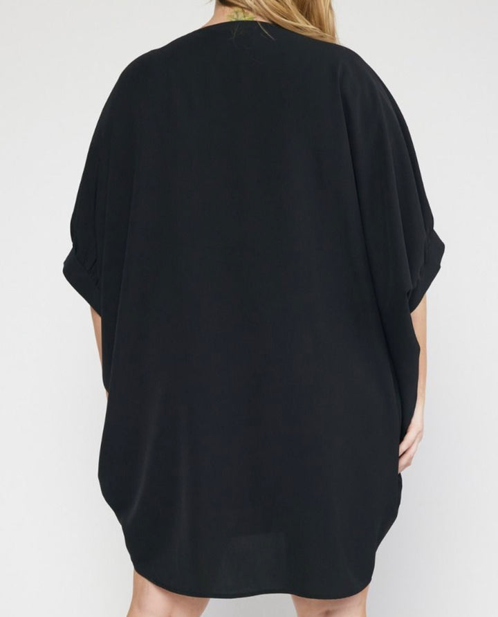 V Neck 1/2 Sleeve Mini Dress- Black