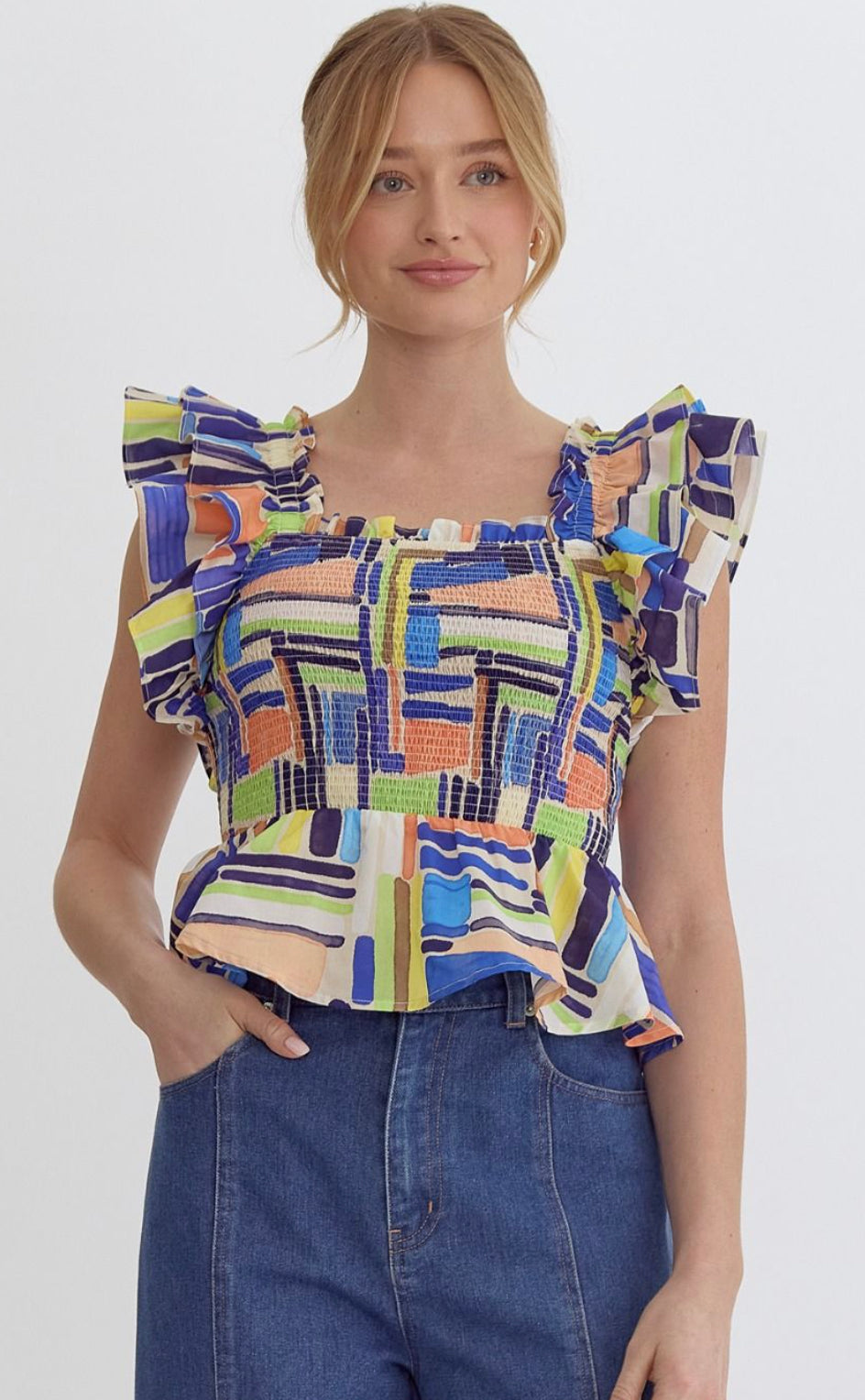 Abstract Print Square Neck Sleeveless Smocked Peplum