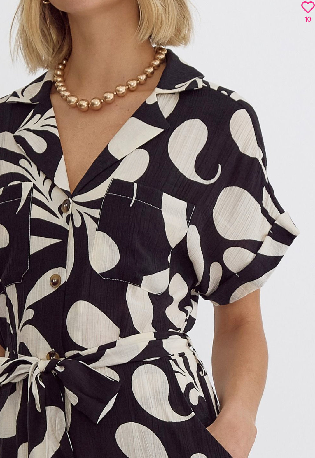 Leaf Print V-Neck Short Romper