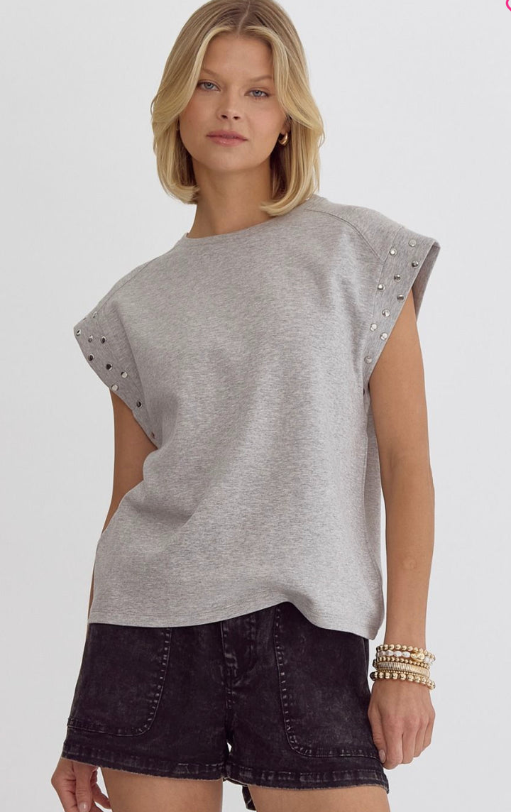 Solid Short Sleeve Top with Stud Detail