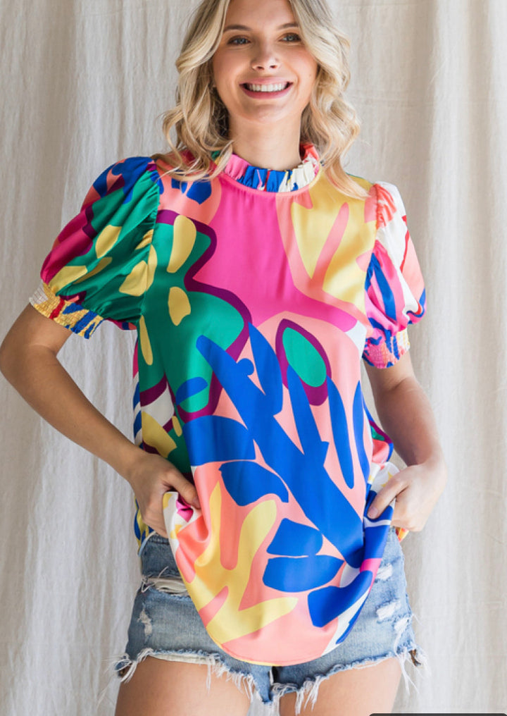 Colorful Print Top with Short Puffed Sleeves- Pink Mix