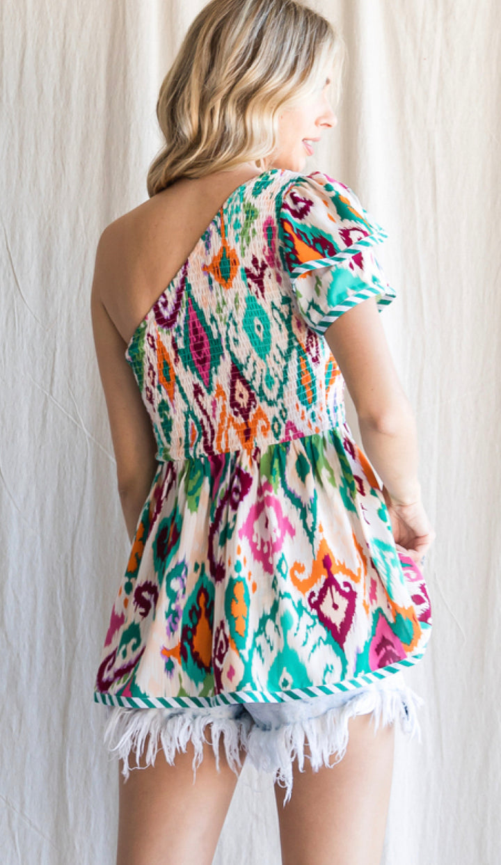 Print Peplum Top One Shoulder