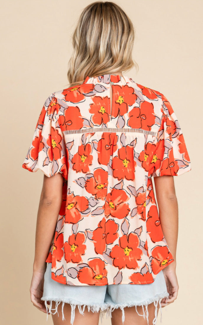 Flower Print Top with Frilled Neck