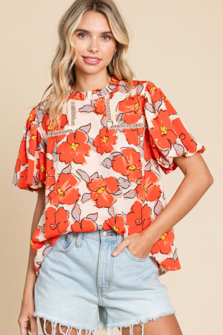 Flower Print Top with Frilled Neck