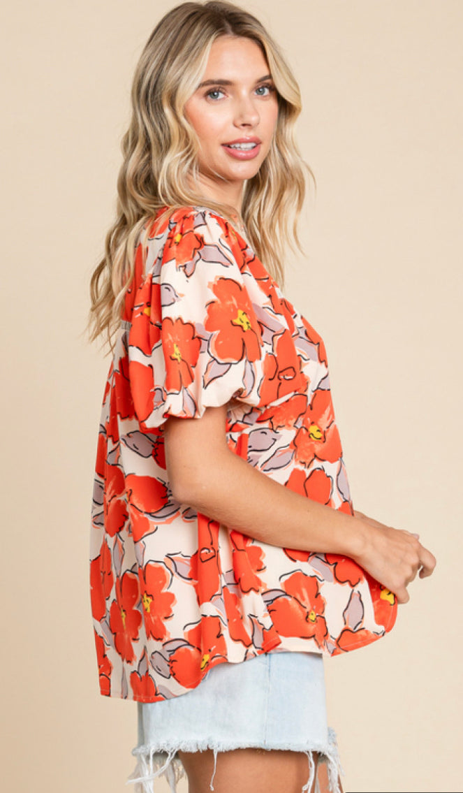 Flower Print Top with Frilled Neck