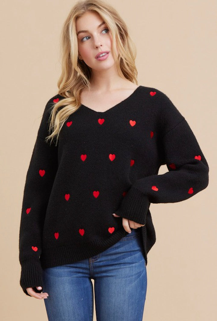 Heart Knit Sweater with V-neck