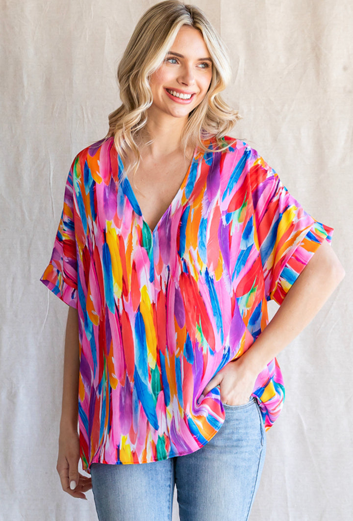 Print Boxy Top with a V-neck