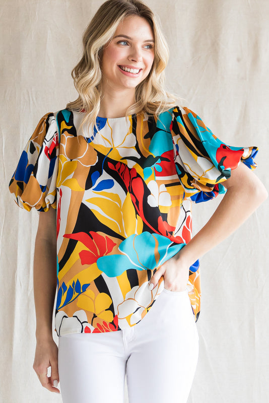Print top with jewel neck short puffed sleeves
