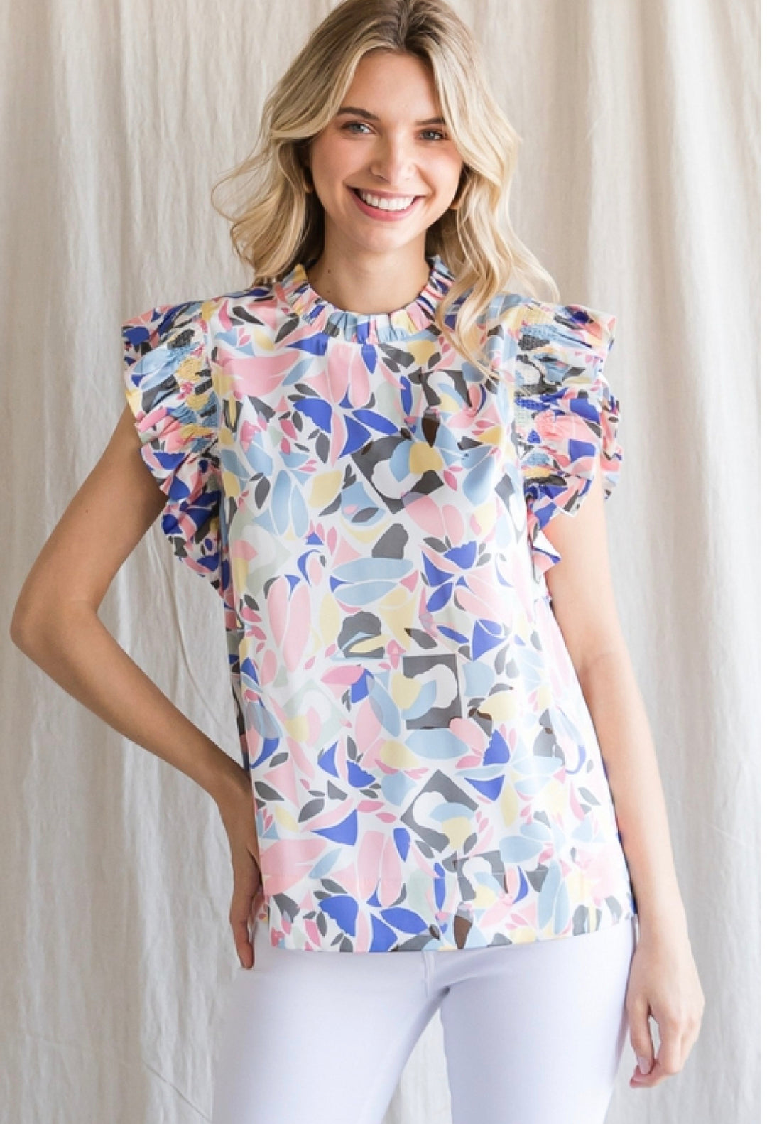 Print Top and Smocked Ruffle Cap Sleeves