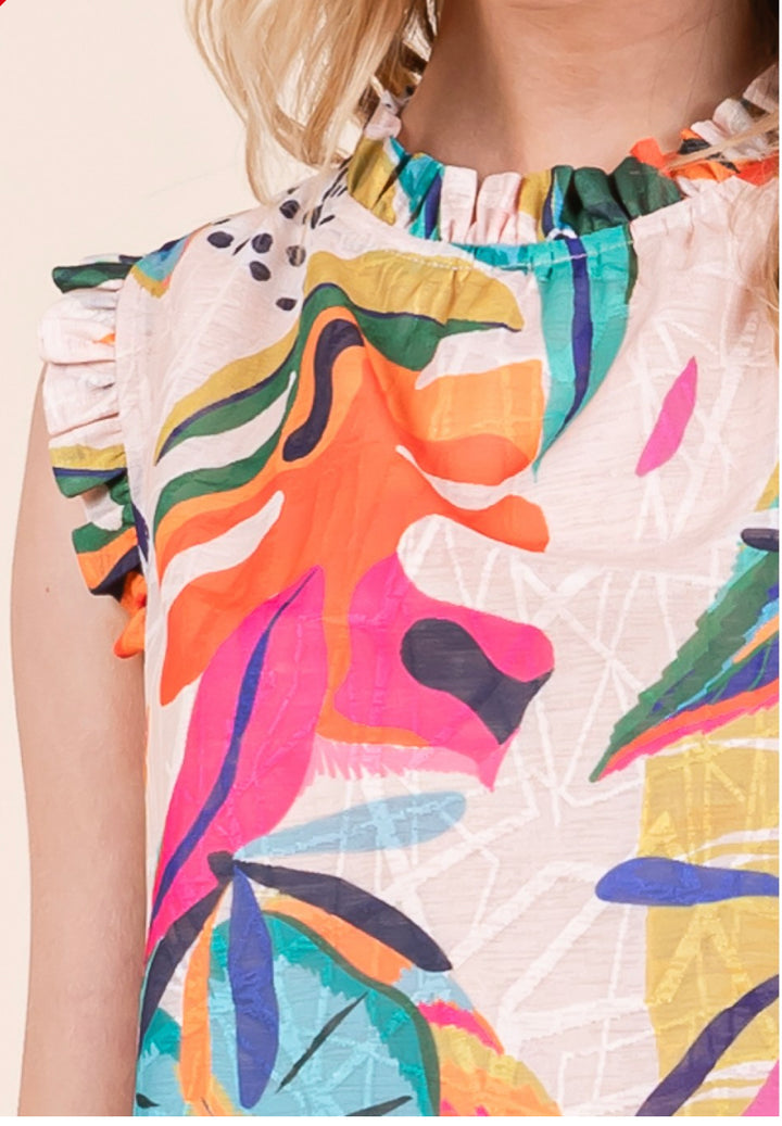 Abstract printed ruffled sleeveless top