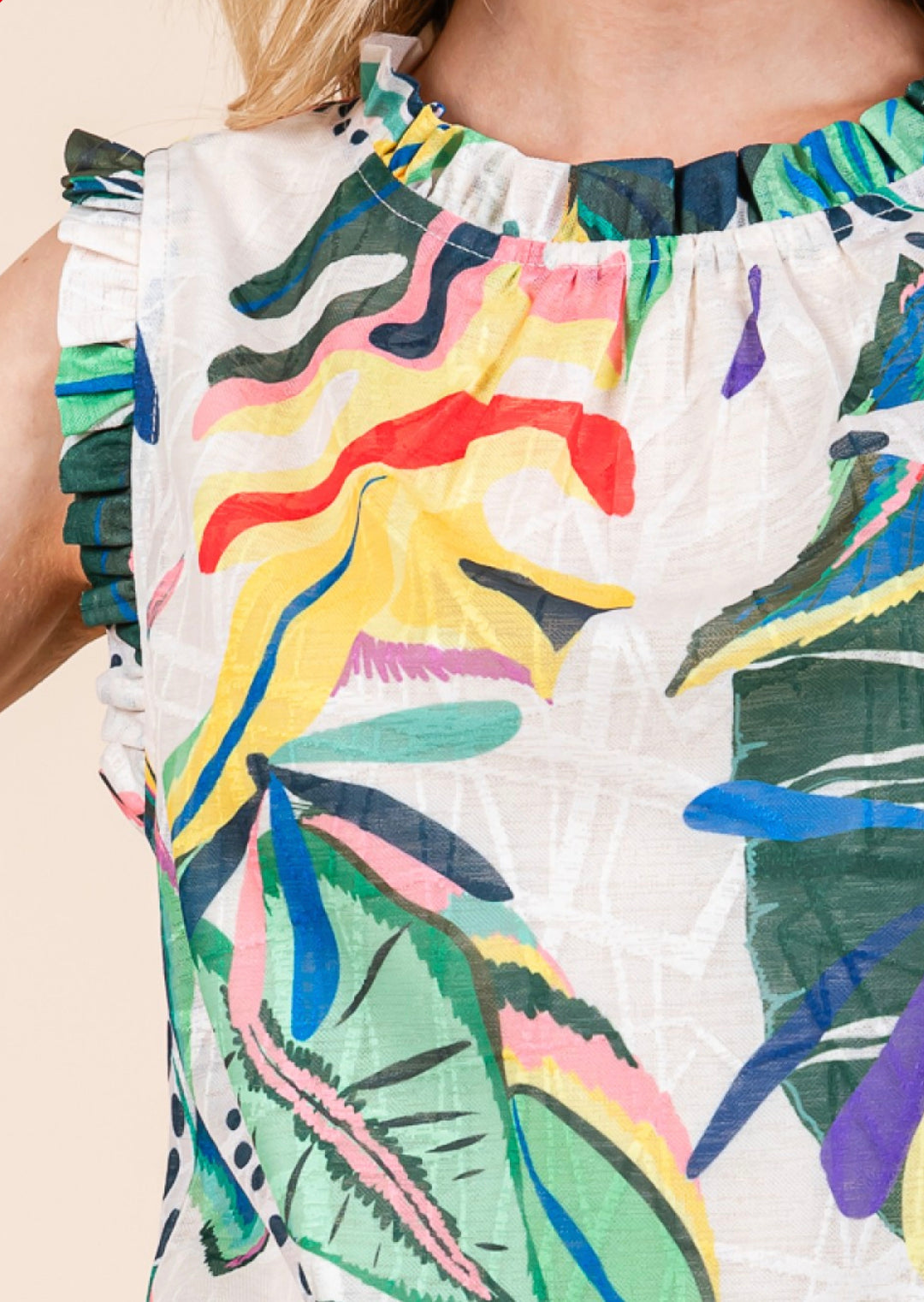 Abstract printed ruffled sleeveless top