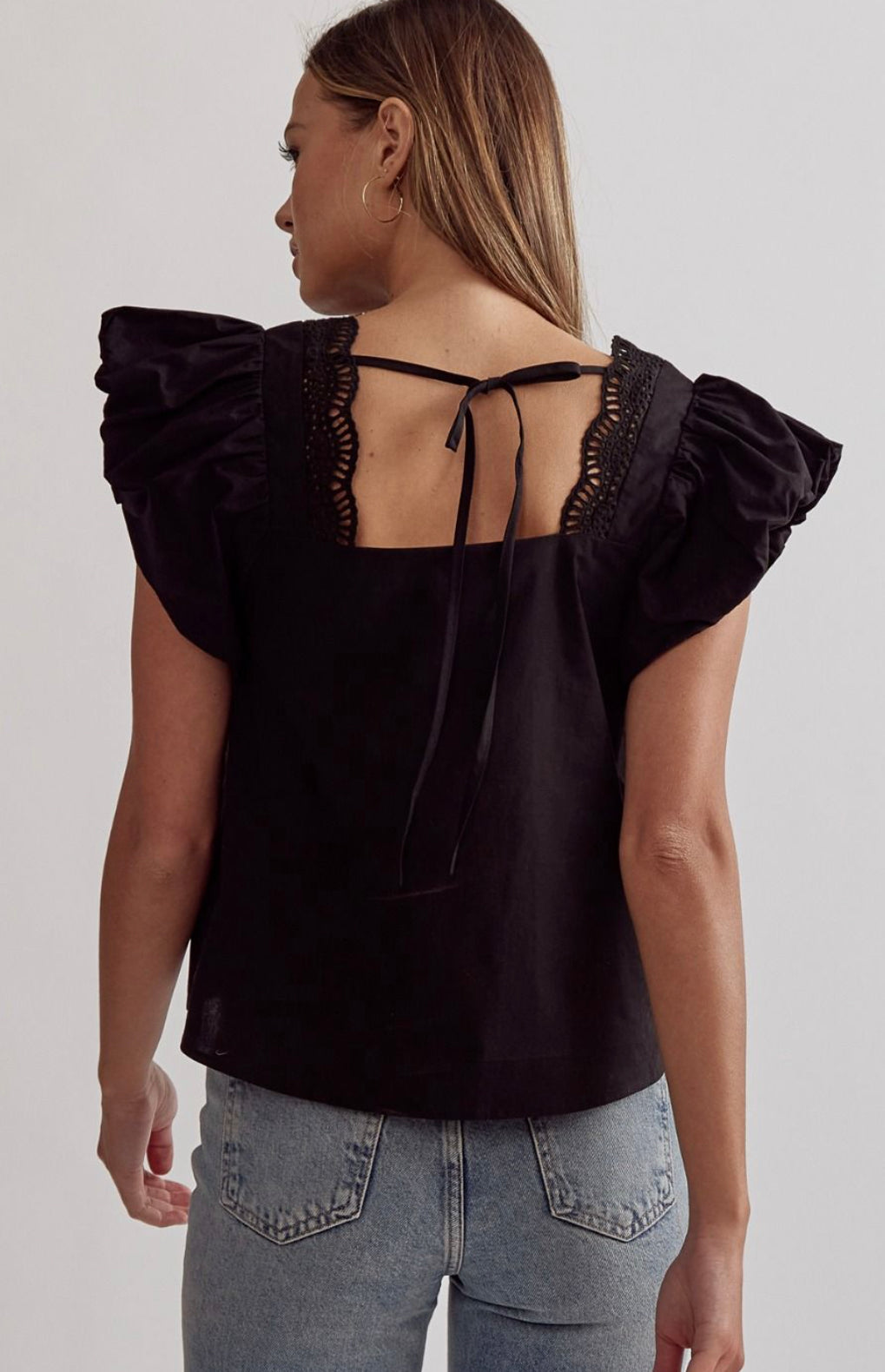 Solid Square Neck Crop Top Featuring Ruffle Detail at Sleeve