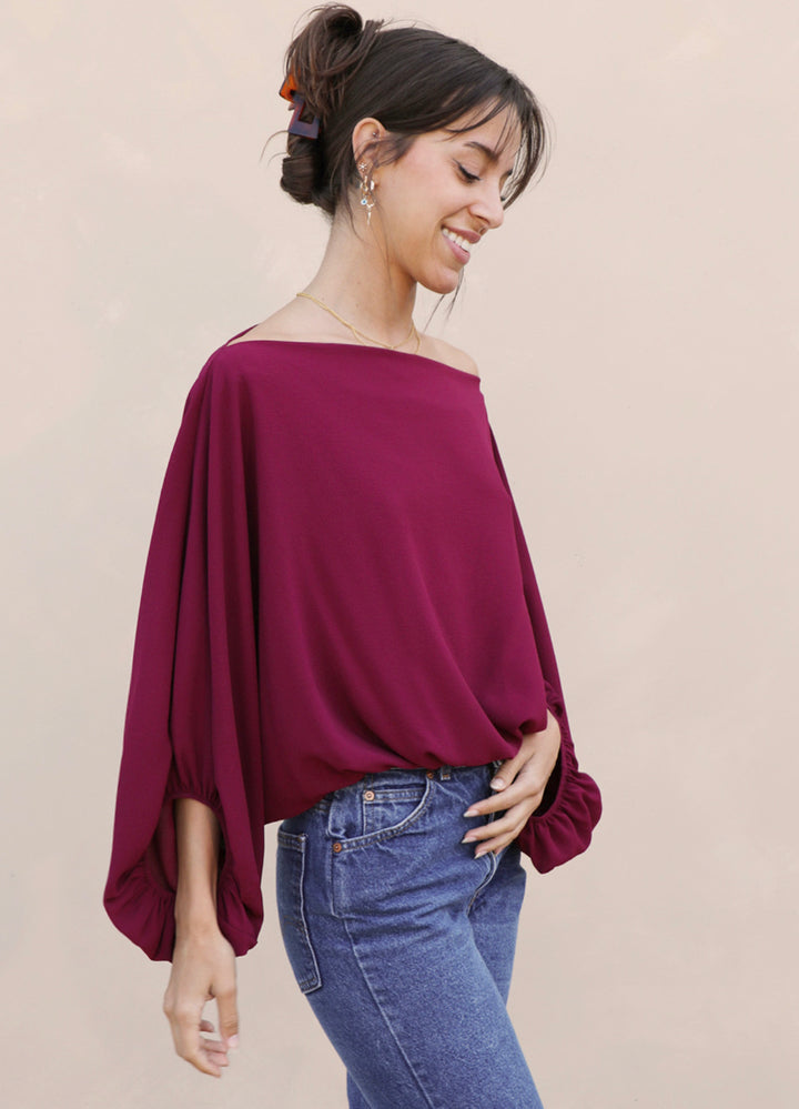 Textured Solid Boat Neck Balloon Top