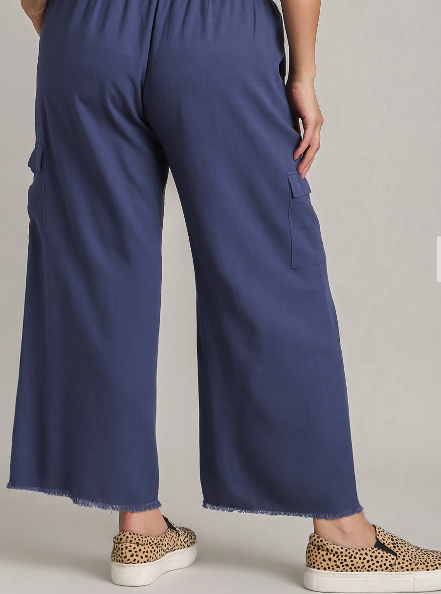 Curvy Linen Blend Cargo Pants with Side Pockets