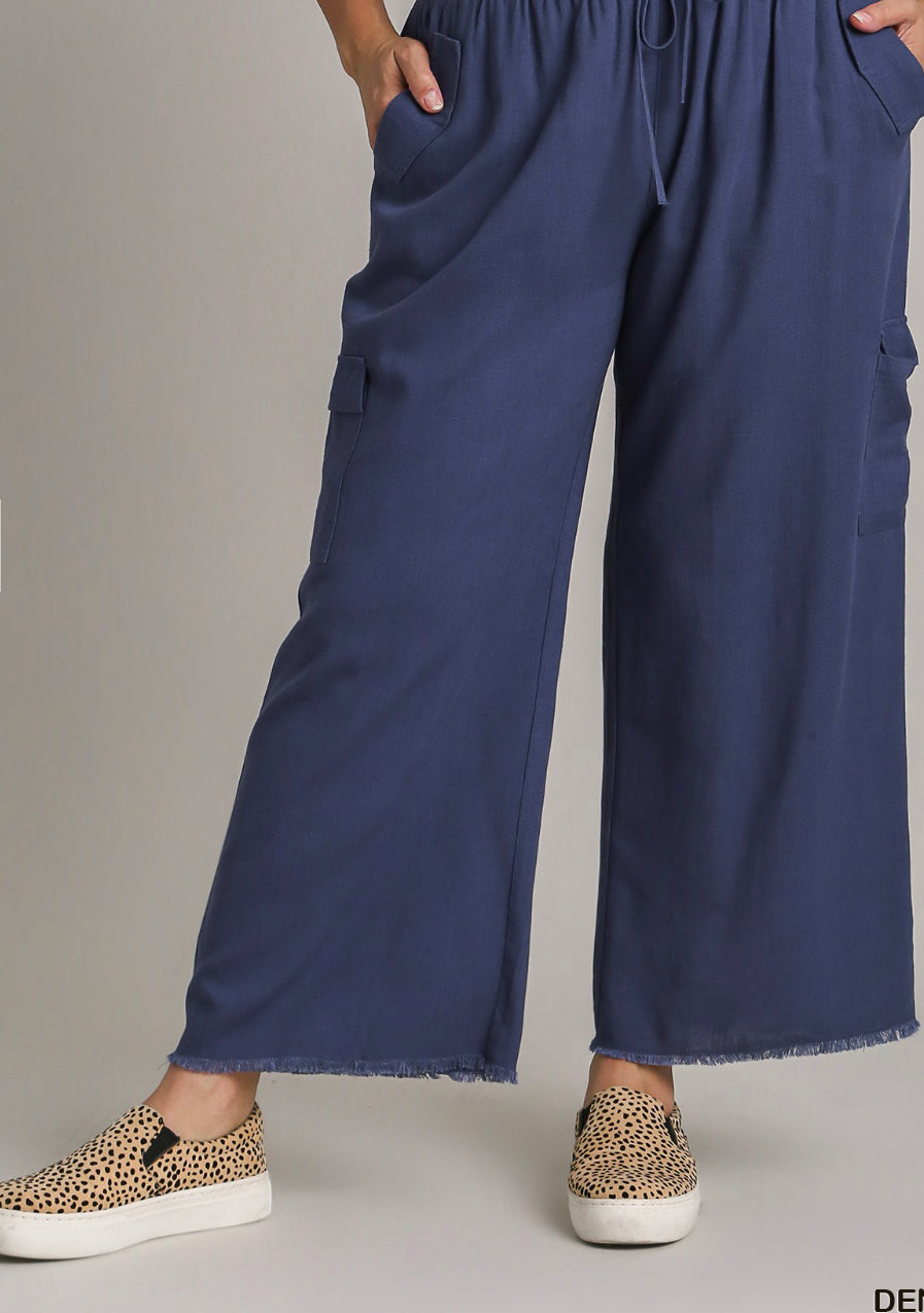 Curvy Linen Blend Cargo Pants with Side Pockets