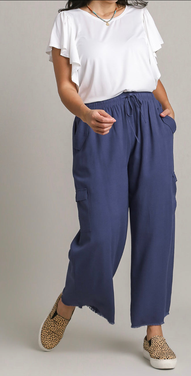 Curvy Linen Blend Cargo Pants with Side Pockets