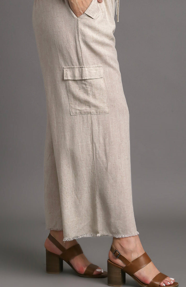 Curvy Linen Blend Cargo Pants with Side Pockets