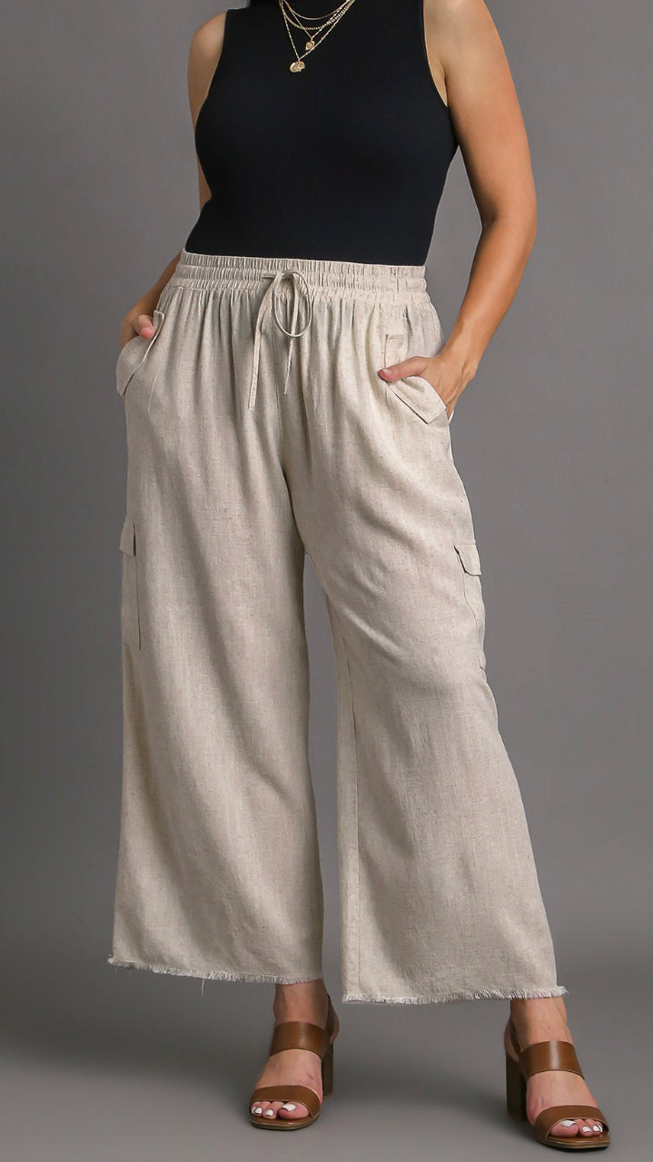 Curvy Linen Blend Cargo Pants with Side Pockets