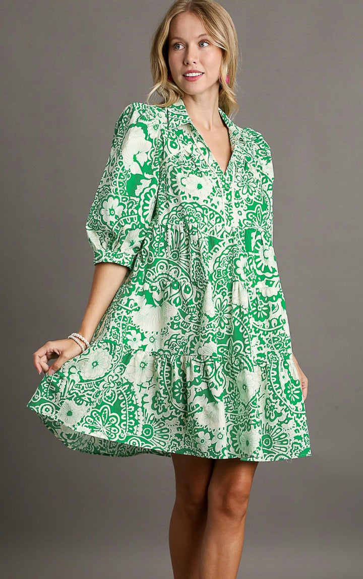 Two Tone Print A-Line Tiered Dress with 3/4 Sleeve