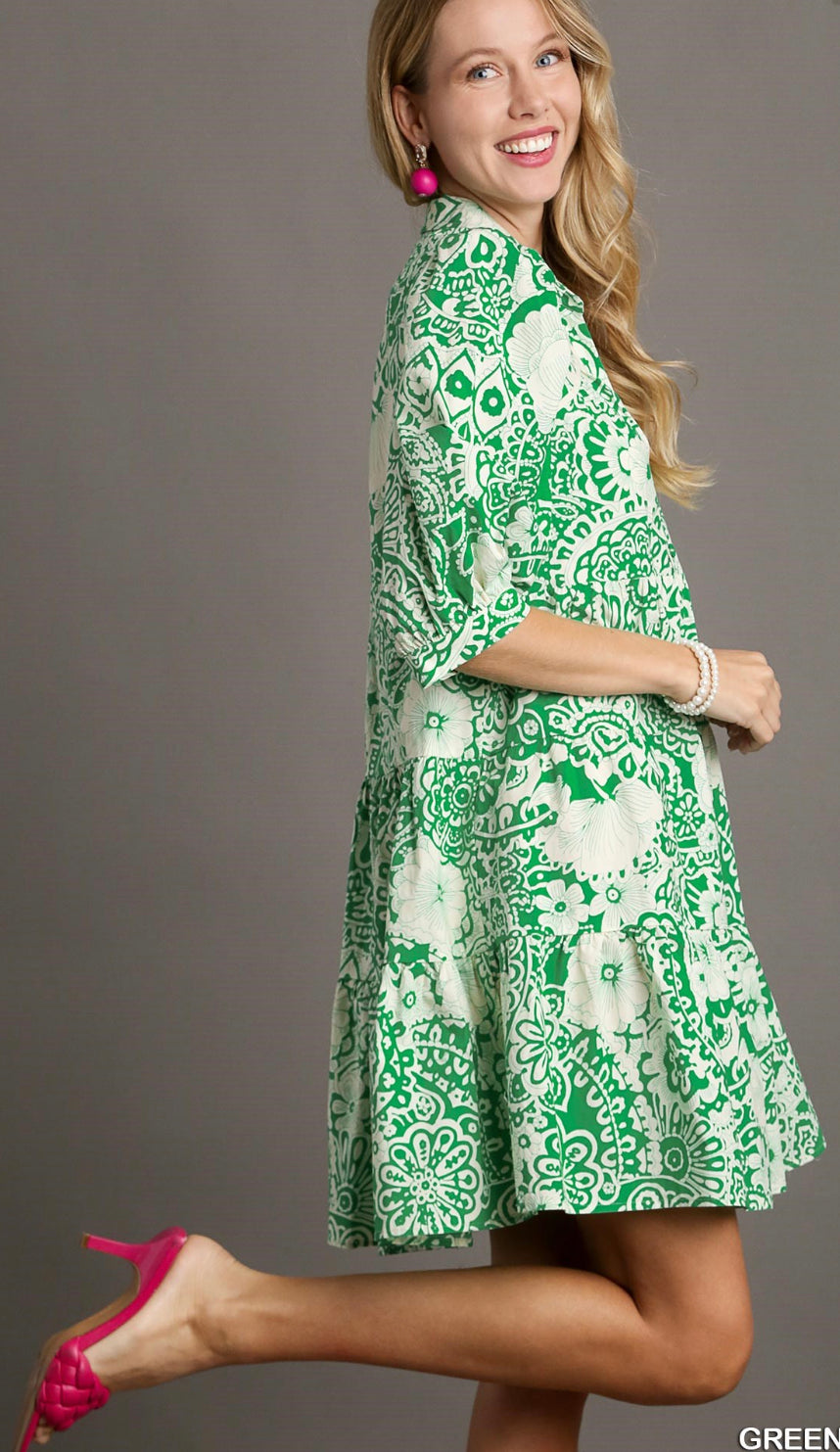 Two Tone Print A-Line Tiered Dress with 3/4 Sleeve