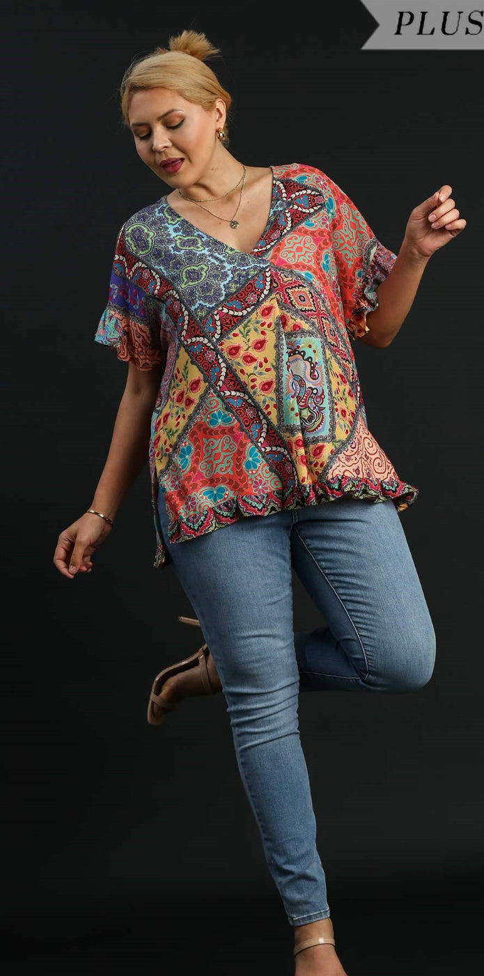 Mixed Print V-Neck Short Ruffle Sleeve Top