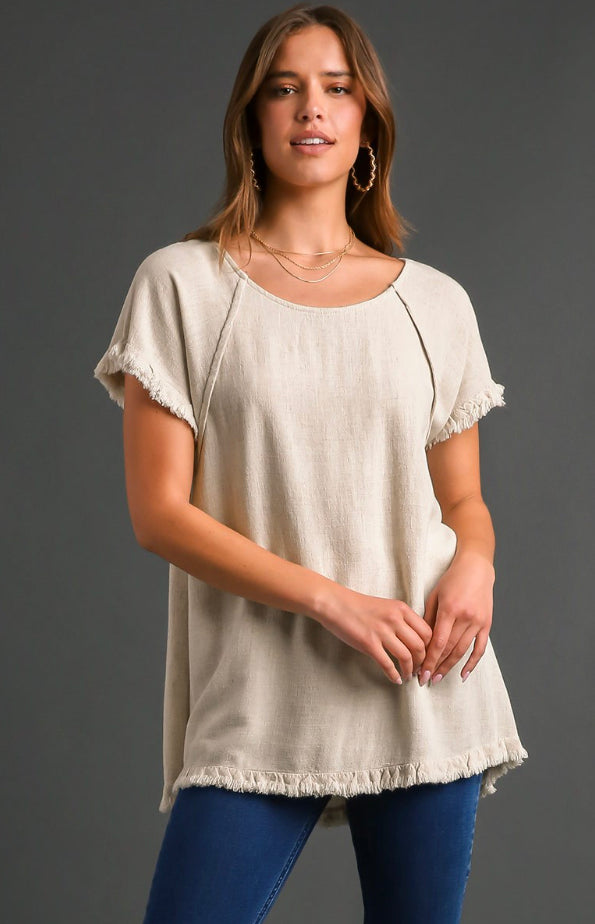 Solid Linen Short Sleeve Top Featured Seam and Ruffle Fringe Edges