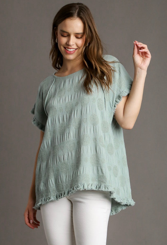 Solid Textured Polka Dot Boxy Cut Short Sleeve Round Neck Top with Fringes