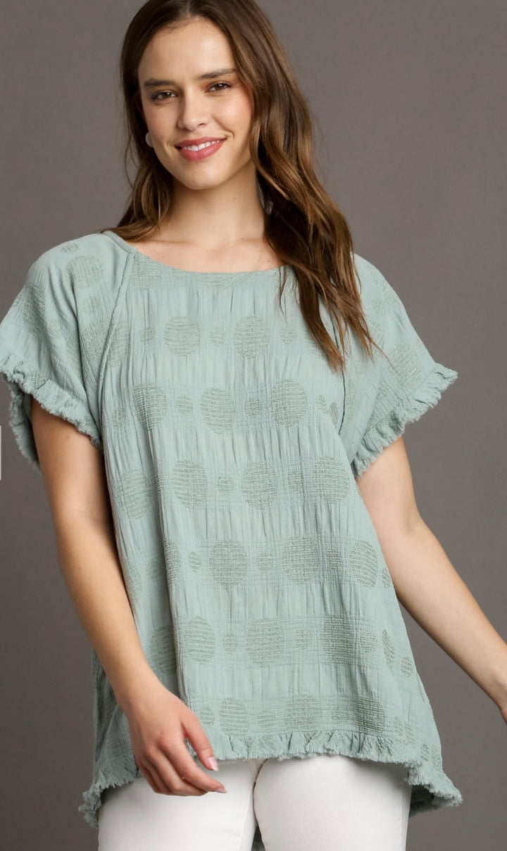 Solid Textured Polka Dot Boxy Cut Short Sleeve Round Neck Top with Fringes