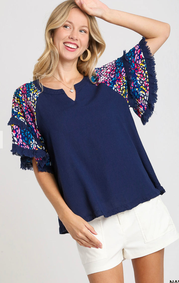 V-Notched Linen Top with Double Layer Flutter Sleeves