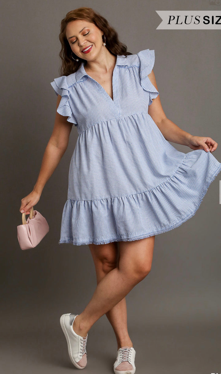 Curvy V-Neck Collared Dress with Ruffle Sleeves