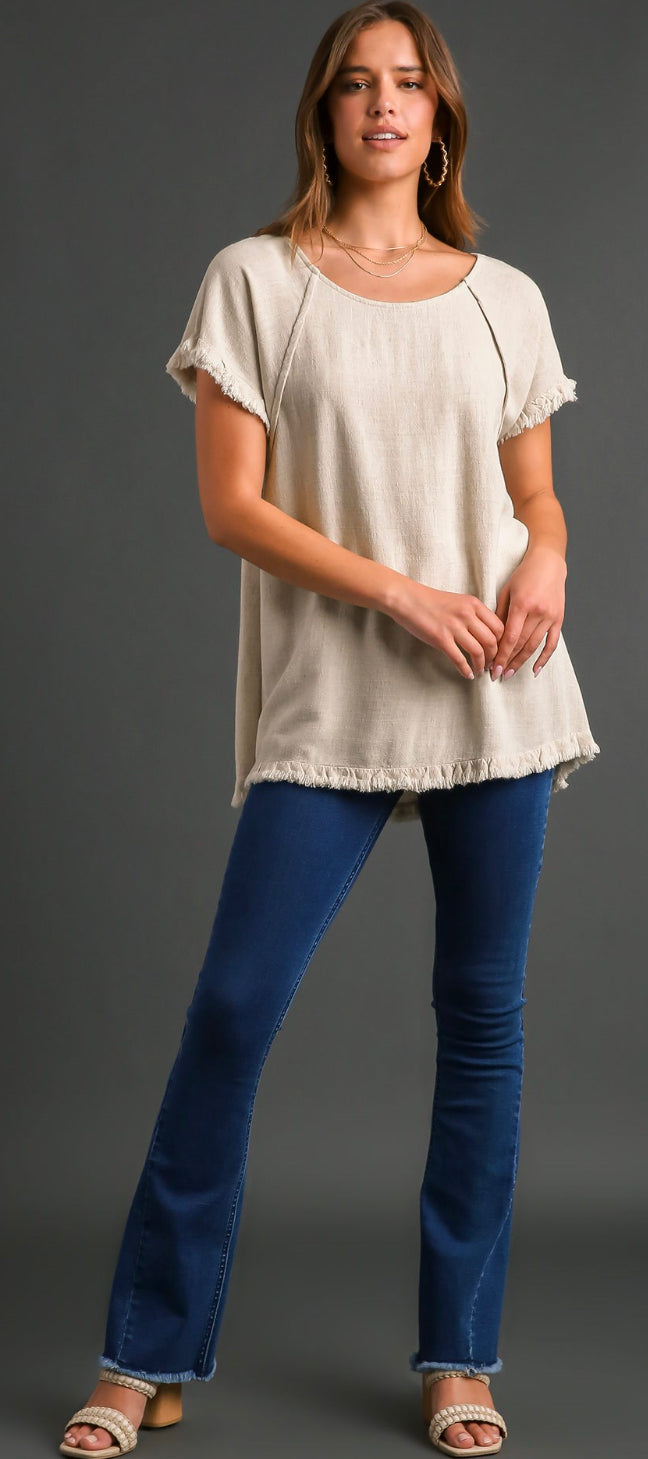 Solid Linen Short Sleeve Top Featured Seam and Ruffle Fringe Edges